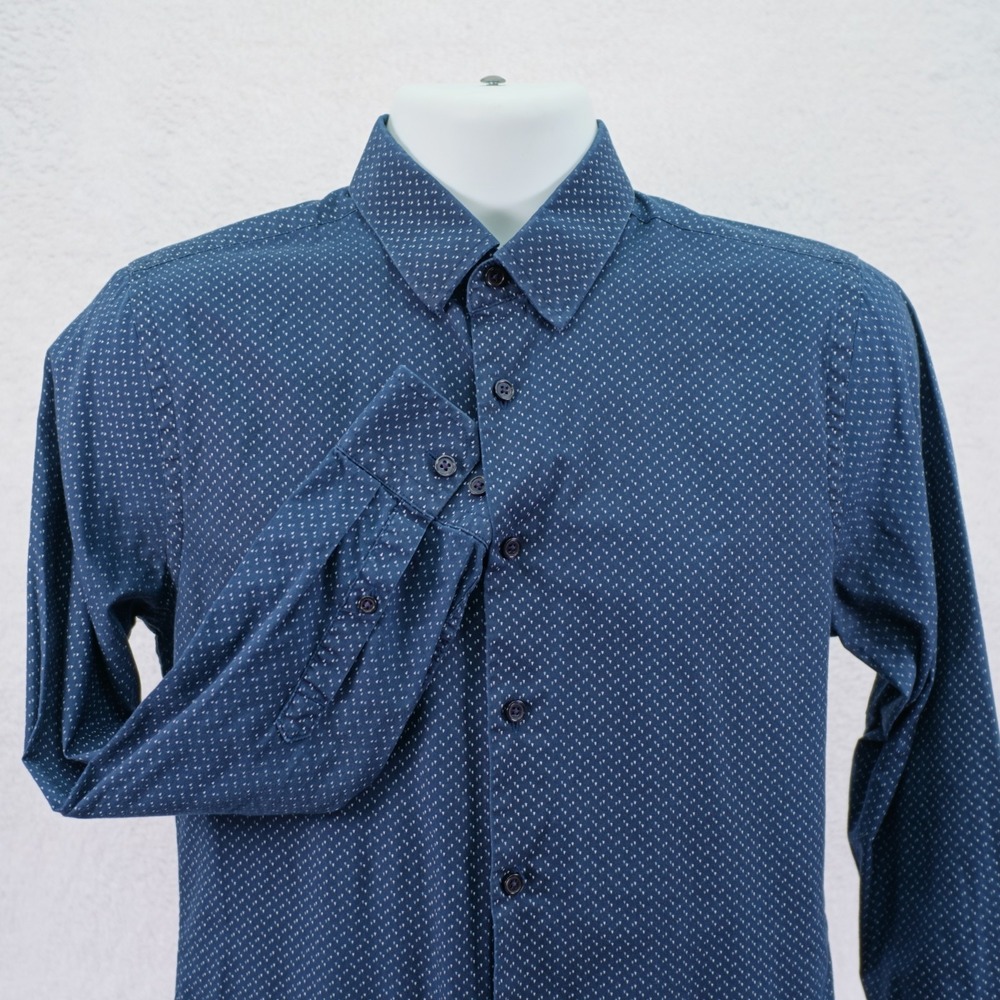 Express Men's Extra Slim Blue Collared Dress Shirt Blue Geometric -Small 14-14.5